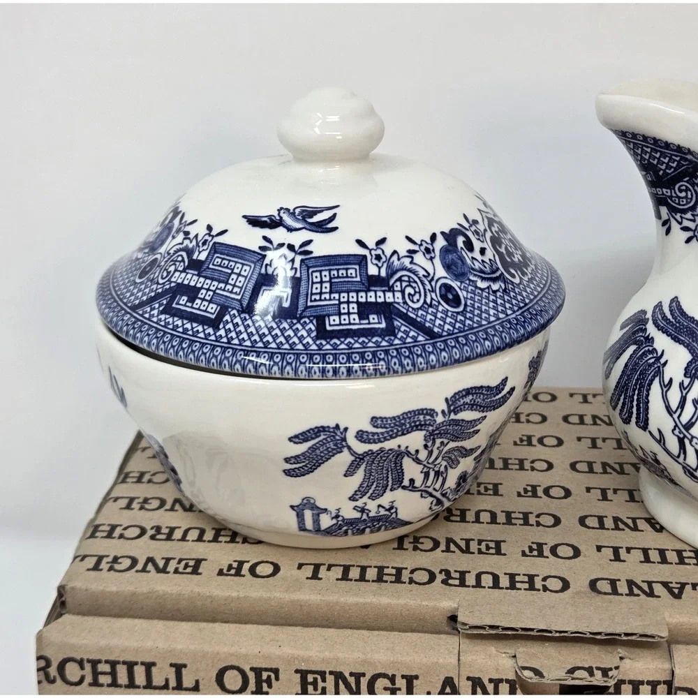 Churchill Blue Willow England Creamer Sugar Bowl Set New in Original Box